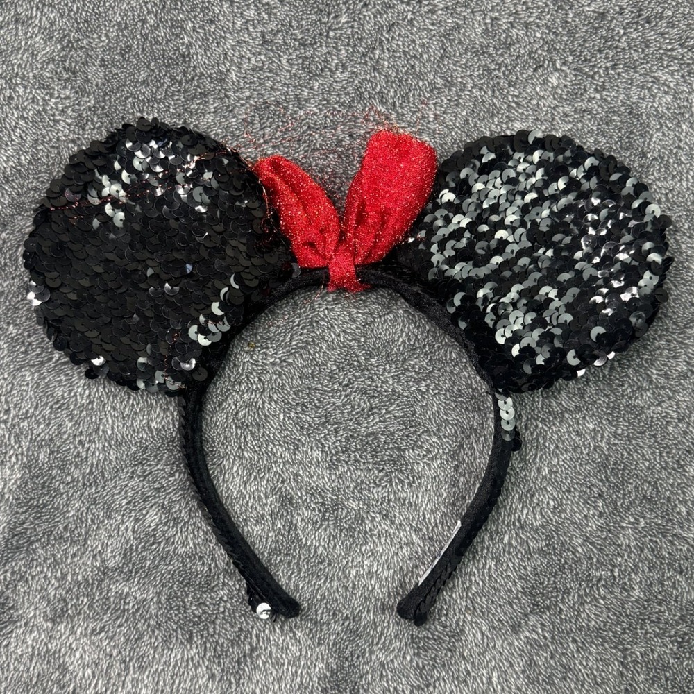 Disney Parks Minnie Mouse Black Sequin Ears Red Bow Headband 2014 Adult